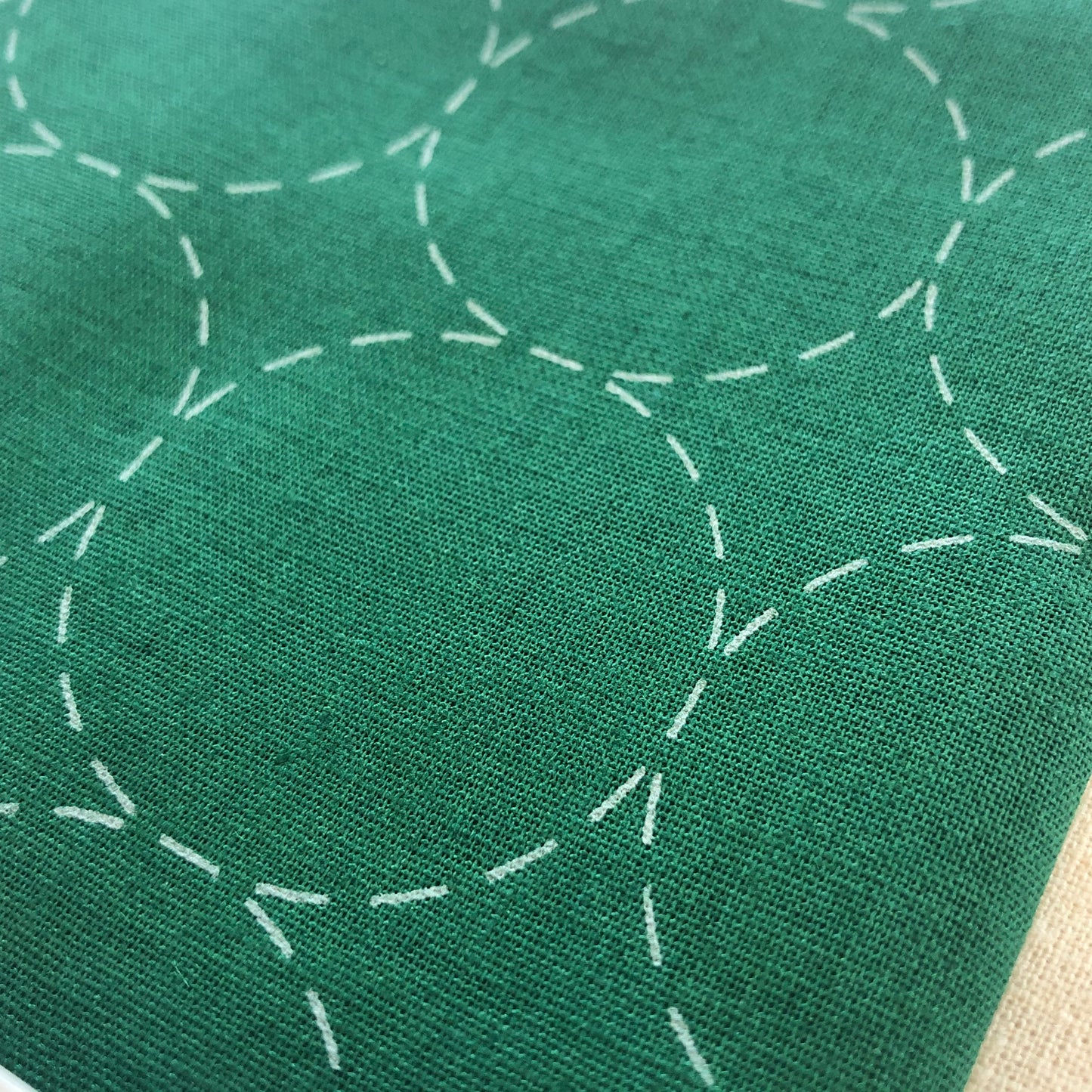 Lecien Cosmo Hidamari Sashiko Pre-printed Wash-away Panel, Cotton/Linen Blend, Maru-Tsunagi Circle Pattern Green